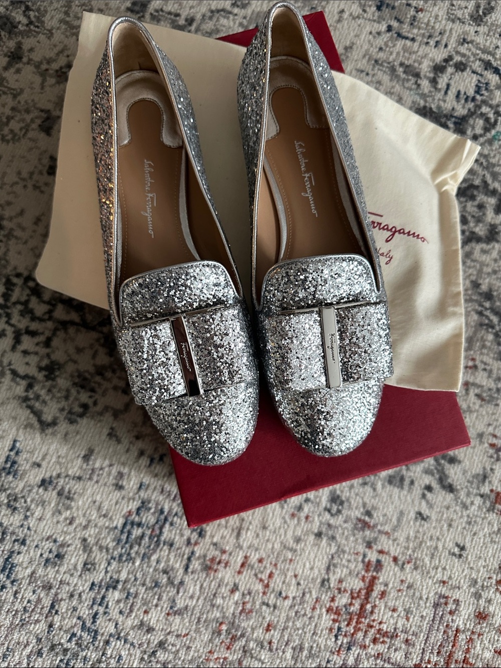 Salvatore Ferragamo Silver Glitter Vara Bow Loafers